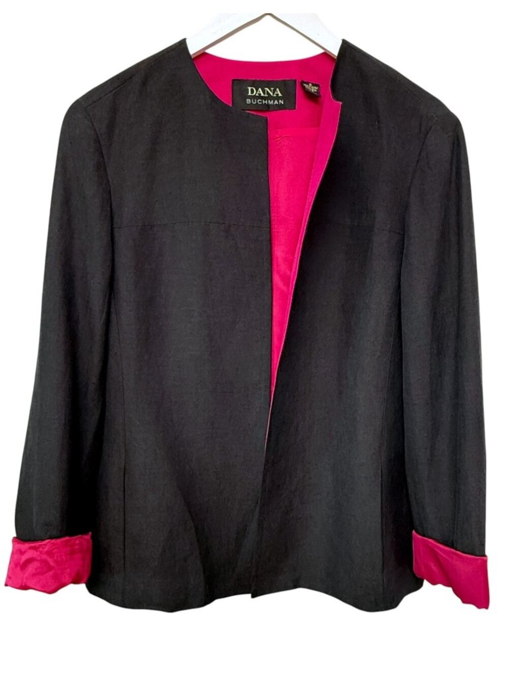 Dana Buchman Silk Linen Blend Jacket Size 10 Black Pink Silk Open Womens Blazer